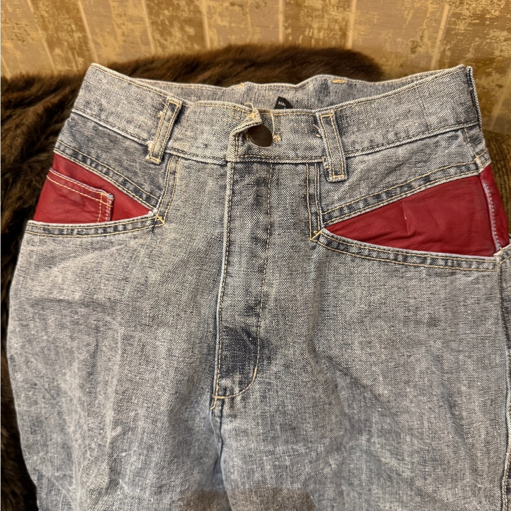 Womens Bon‎ Jour 1980’s  Blue and Red leather Trim Jeans size size 5:6